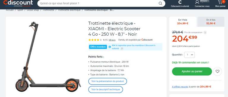 Trottinette électrique Xiaomi Electric Scooter 4 Go - 250 W (+ 40€ sur la cagnotte CDAV)