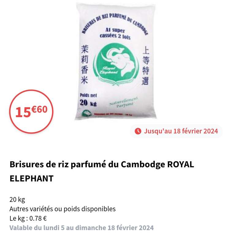 Brisures de riz parfumé du Cambodge Royal Éléphant 20kg