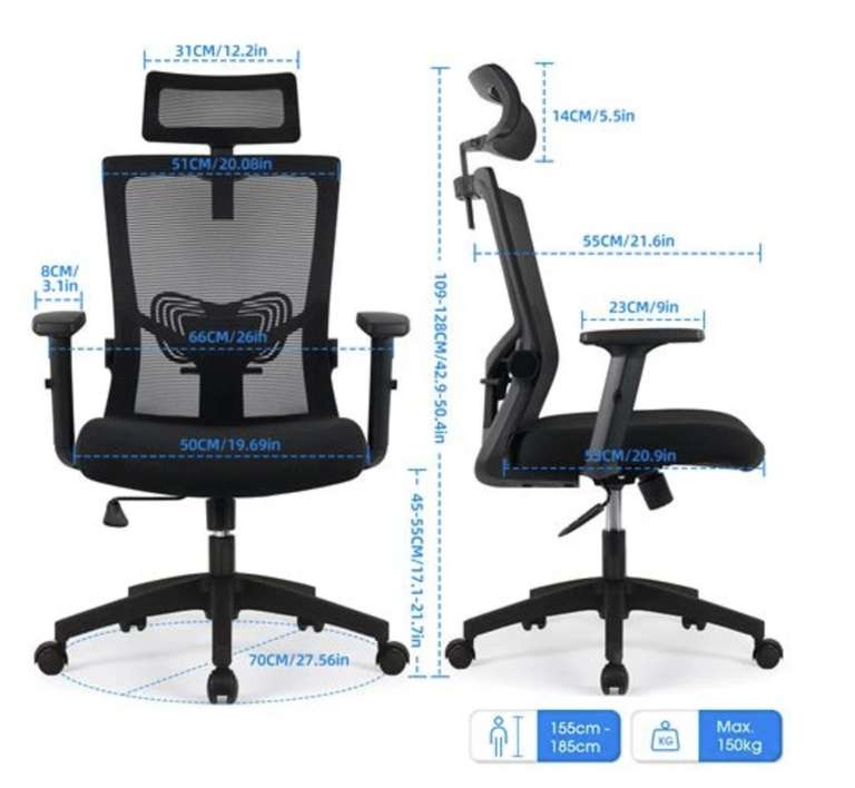 Fauteuil de bureau ergonomique + accoudoirs - Appui tête et soutien lombaire réglable chaise inclinable - 81x53x57cm - Noir (Vendeurs tiers)