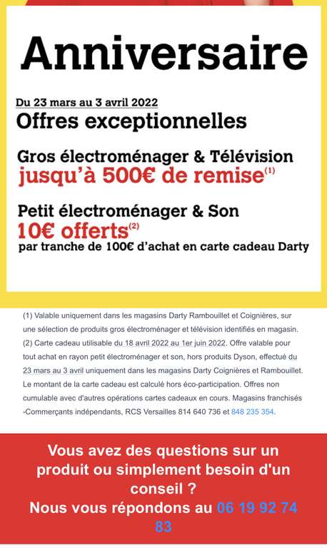 10€ offerts par tranche de 100€ d'achats (carte cadeau) sur le Petit Electroménager & le Son (Sous Conditions) -Rambouillet, Coignières (78)