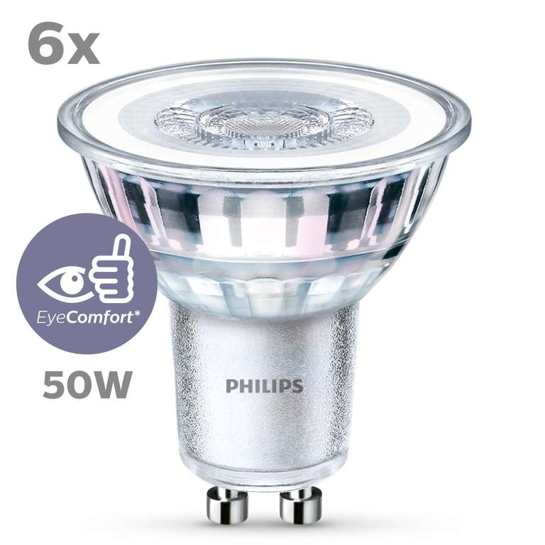 Ampoule LED Philips Spot GU10 50W Blanc Chaud, Verre, 6 Unité (Lot de 1)