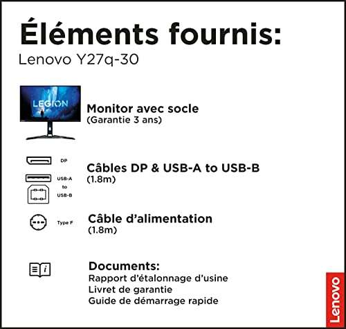 Ecran PC 27" Lenovo Legion Y27q-30 - 2K QHD (2560 x 1440), IPS, 180 Hz, 0.5ms MPRT, DisplayHDR400, FreeSync Premium