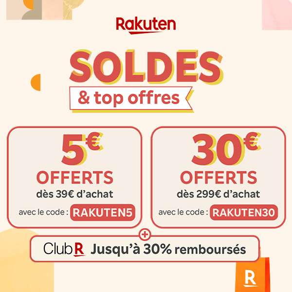 5€ de réduction dès 39€ d'achat & 30€ dès 299€ sur tout le site + 10% minimum offerts en Rakuten Points sur une sélection d'articles Soldes