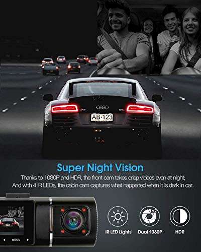 Abask Caméra de Voiture 32G Carte SD, 310° Grand Angle Full HD Double 1080P, Enregistrement en Boucle, HDR (Vendeur tiers - via coupon)