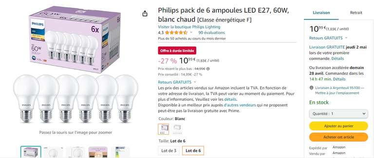 Pack de 6 ampoules LED E27, 60W, blanc chaud Philips