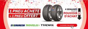 1 Pneu offert pour un pneu acheté de marque Tracmax, Rovelo, Evergreen ou marques premier prix équivalentes