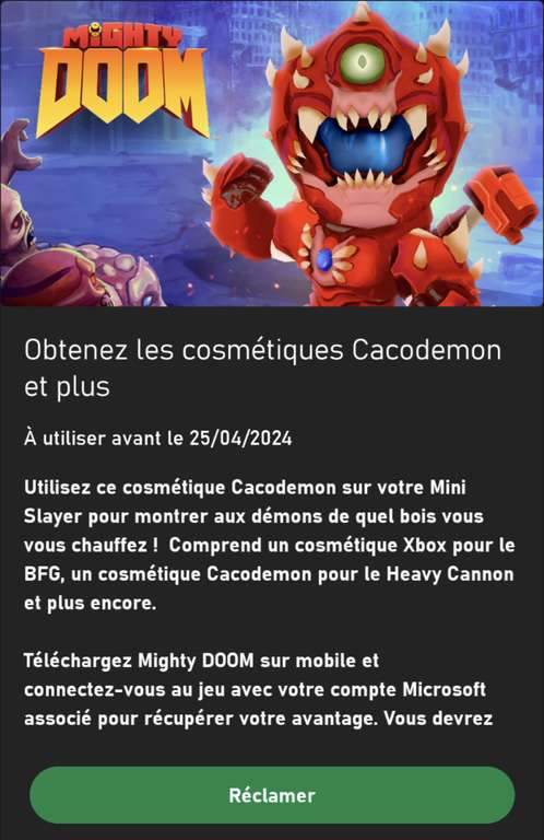 [Game Pass Ultimate] Cosmétiques offerts pour Mighty DOOM sur iOS/Android: Cacodémon pour Mini Slayer + Canon Lourd / Xbox pour BFG (Démat.)