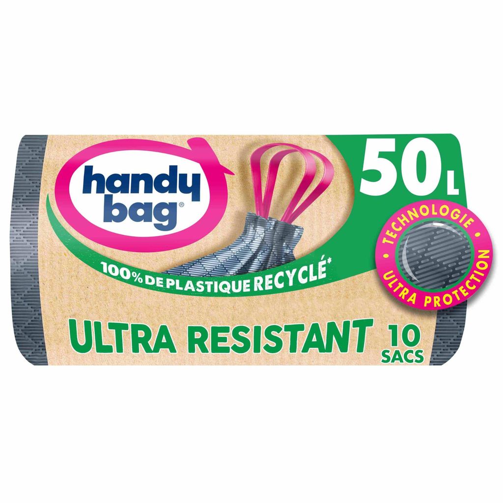 2 Lots de 10 sacs poubelle Handy Bag - 50L, à poignées coulissante (Remise au panier)
