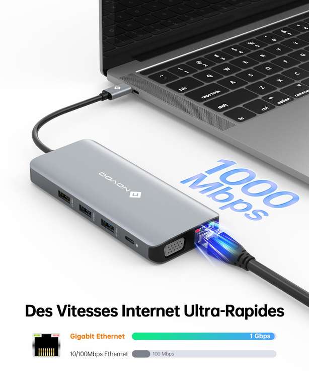 NOVOO Hub USB C 8 en 1 Adaptateur 100 W PD Giga Ethernet vers USB