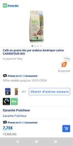 Lot de 3 sachets de Café Carrefour Bio en grains Amérique latine 3x500g (1 offert sur carte de fidélité) - Carrefour drive et magasins