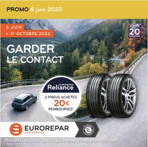 20€ remboursés via ODR pour l'achat et le montage de deux pneus Reliance en centre Eurorepar (eurorepar.fr)