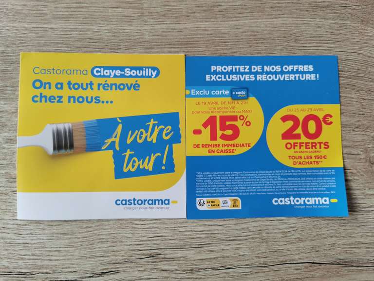 15% de remise le 19/04 de 18h à 21h sur tout le magasin + 20€ offert dès 150€ d'achat au Castorama de Claye-Souilly (77)
