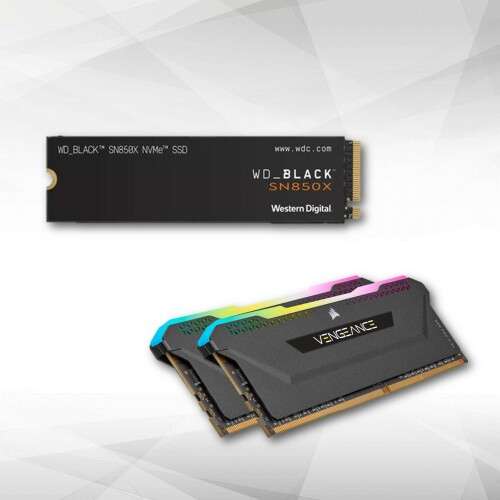 Pack SSD Interne WD Black SN850X NVMe 2280 PCIe 4.0 - 1 To + RAM Corsair Vengeance RGB PRO SL - 16 Go (2 x 8 Go), DDR4, 3600 MHz, C18