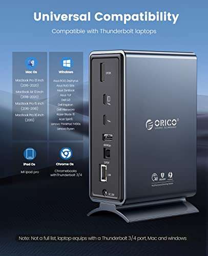 Station d'accueil Thunderbolt 15 en 1 ORICO, 40 Gbit/s 8K à 30 Hz, PD65W, 2X USB-C 3.1 Gen 2, USB-A 3.1 Gen 2, 2X USB-A (Vendeur tiers)