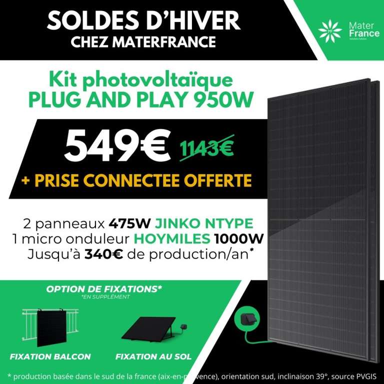Kit solaire KIT PLUG AND PLAY 2 PANNEAUX 950W (materfrance.fr)