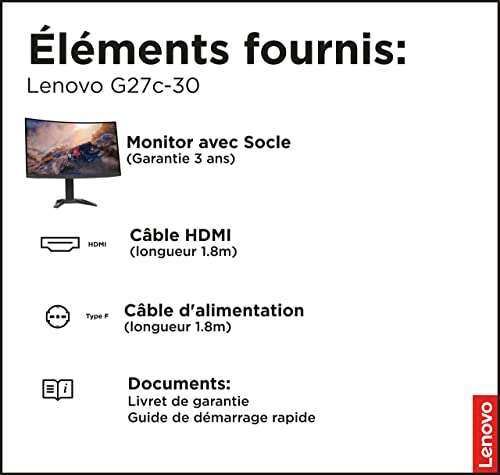 Ecran PC 27" Lenovo G27c-30 - Incurvé, FHD, EyeSafe, Dalle VA,165 Hz, 1 ms MPRT, HDMI+DP, FreeSync Premium, Inclinaison/Hauteur