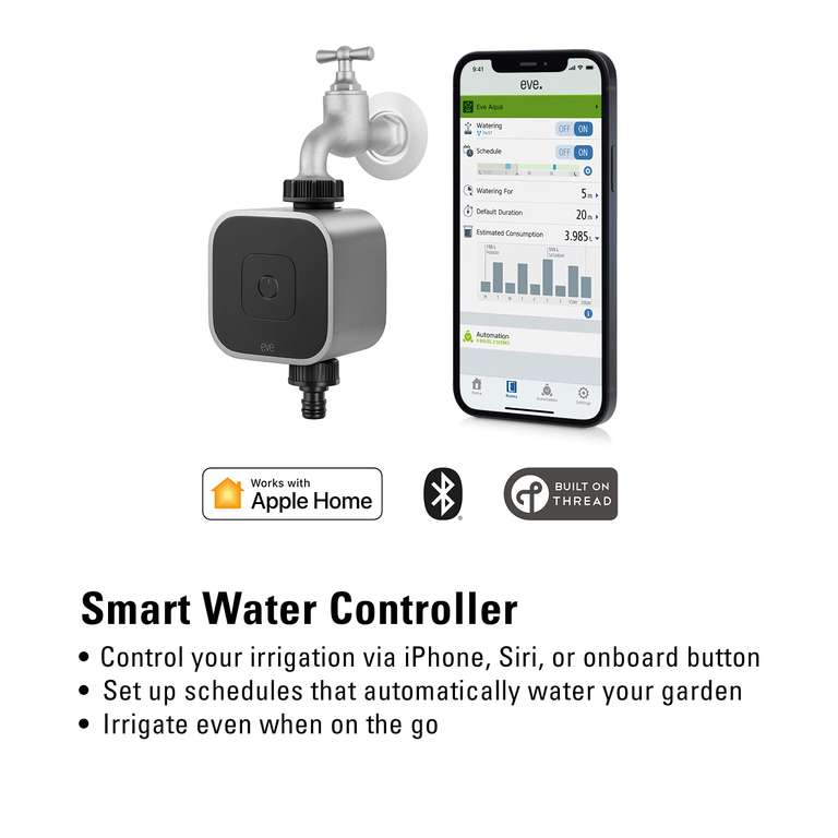 Contrôleur d'eau intelligent Eve Aqua - pour l’app Maison d'Apple ou Siri, arrosez automatiquement, accès à distance, sans passerelle