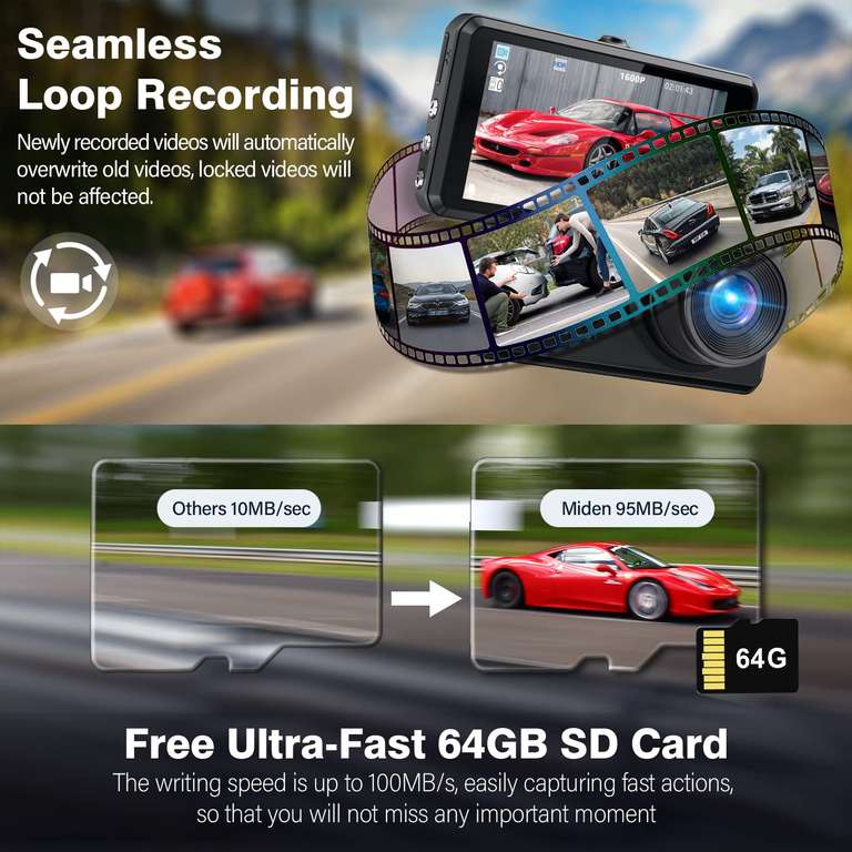 Dashcam Avant et Arrière Miden 2.5K - Carte SD 64G, 3.2 (Via
