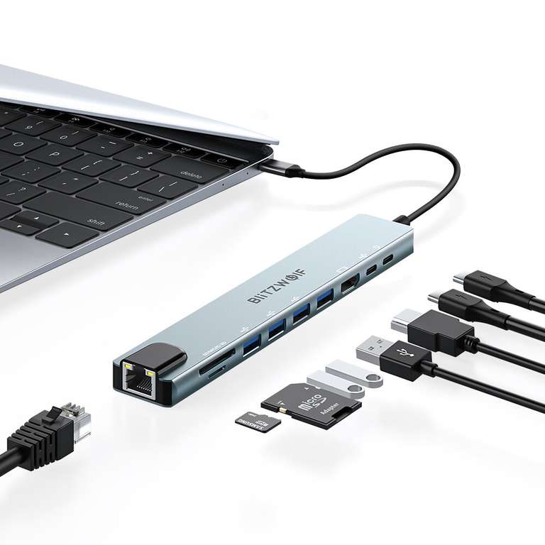 Hub BlitzWolf BW-NEW TH5 - USB-C, 10-en-1 : 1xUSB-C PD 100W, 1x USB-C 2.0, 1xHDMI 4K@30Hz, 1xRJ45, 4xUSB-A, SD/TF