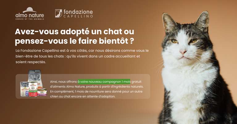1 mois gratuit d'aliments Almo Nature pour toute adoption d'un chat ou chien avec certificat d'adoption (almonature.com)