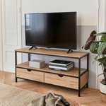Meuble TV Loft - Armature acier, Coloris chêne clair, 2 tiroirs, 120 x 39 x 57cm (Vendeur Tiers)
