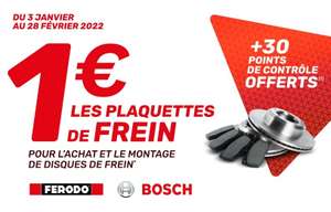Plaquettes de frein Bosch ou Ferodo + bilan de sécurité avec 30 points de contrôle à 1€ pour l'achat et le montage de disques de frein