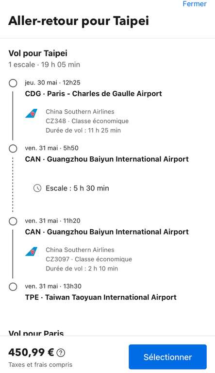 Vol Aller-retour avec escale Paris (CDG) <-> Taipei (Taïwan) - Du 30 Mai au 17 Juin (Bagage en soute de 23 kg)