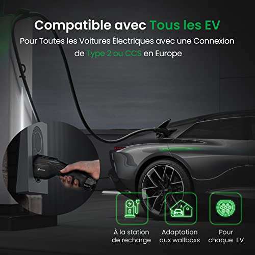 Câble de recharge voiture électrique Goneo - 22KW 32A 7M 3 Phases, T2 à T2  (Vendeur tiers) Tesla Model 3/S/X/Y, e-208, ID.5, IONIQ, Zoe –