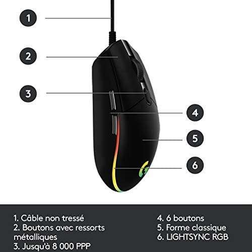 Souris gaming Logitech G203 Lightsync - éclairage RVB personnalisable, 6 Boutons Programmables, 8000 PPP