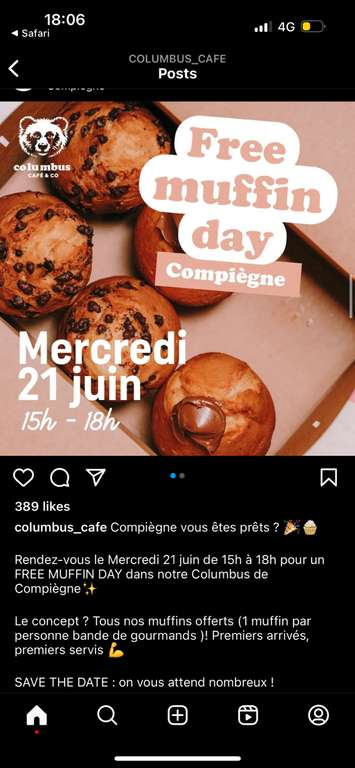 Muffins offerts le 21 juin de 14h à 18h - Colombus Café Compiègne (60)
