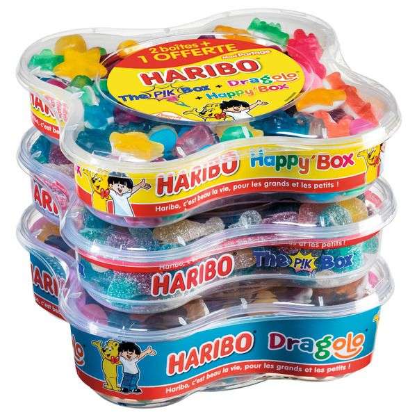 Lot de 3 boîtes de bonbons Haribo : Pik box (550g) + Dragolo (750g) + Happy Box (600g)