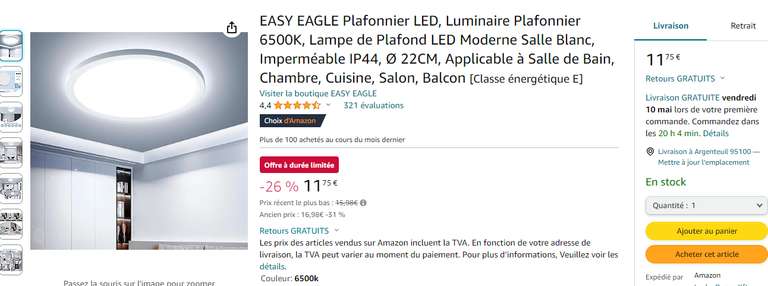 Plafonnier LED Easy Eagle - Ø22cm, IP44 - Blanc (Vendeur tiers)