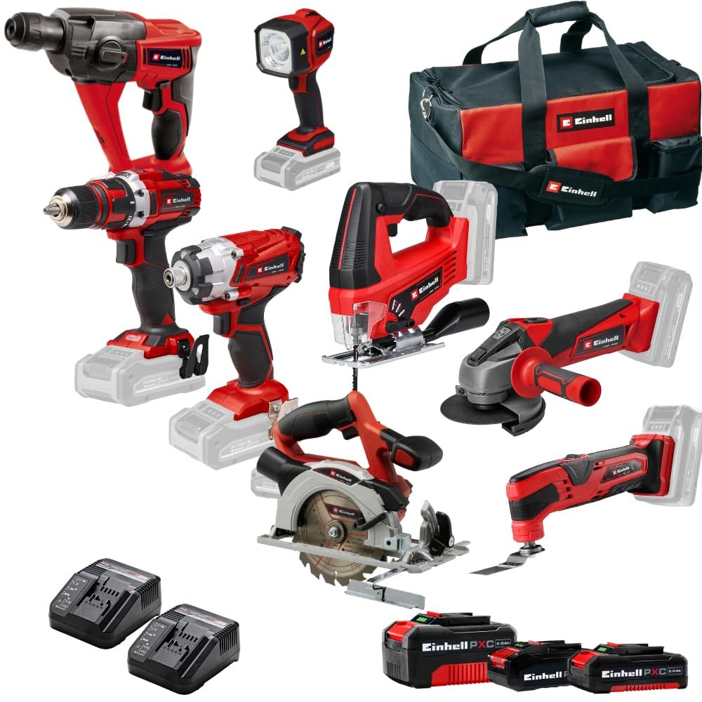 Pack 7 Outils sans fil Einhell - avec 2 Chargeurs, 3 Batteries & Sac de Transport