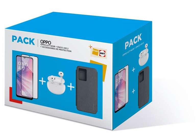 Pack Smartphone 6.56" Oppo A77 5G (128 Go, Noir) + Ecouteurs sans fil Oppo Enco Air 2 + Verre Trempé + Coque FD (Via Remise Panier)
