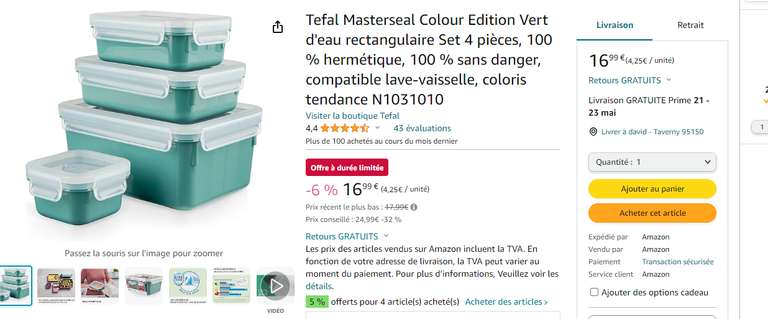 Lot de 4 boîtes Tefal Masterseal Colour Edition - Vert, Rectangulaire, Hermétique, Compatible lave vaisselle