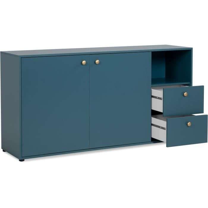 Buffet Pop Color - 2 portes + 2 tiroirs et niche ouverte - 150 x 45 x75 cm - Bleu Pétrole