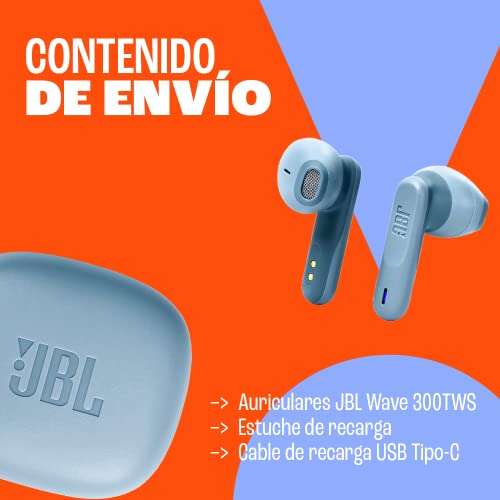 JBL Wave 300 TWS True-Wireless Ecouteurs Bluetooth Etui de chargement inclus Ecouteurs sans fil avec microphone intégré Bleu Jusqu'à 26 heures de musique 