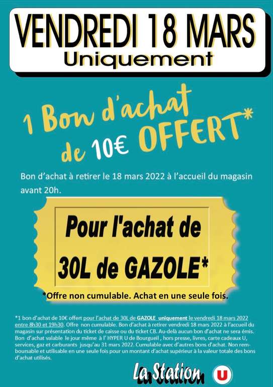 30L de Gazole achetés à la pompe = 10€ en Bon d’achat magasin - Bourgueil (37)