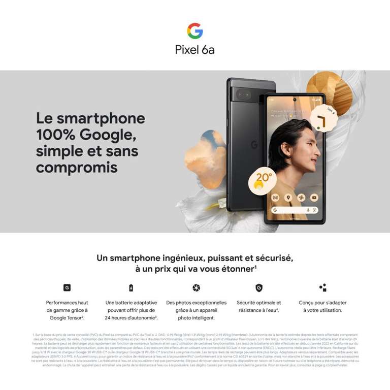 Smartphone 6.1" Google Pixel 6a - 128 Go, Blanc (+16,74€ en RP) - Vendeur Boulanger