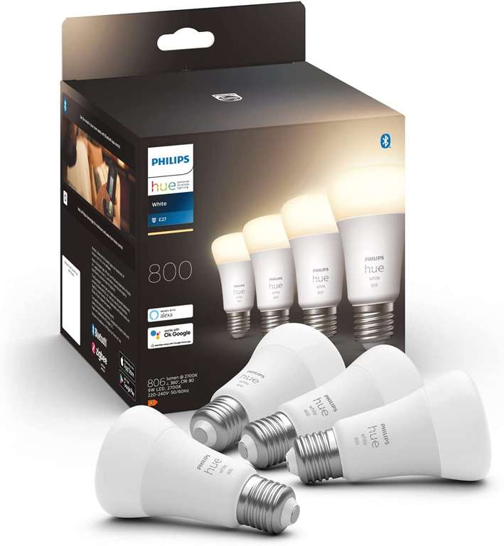 Pack de 4 ampoules connectées Philips Hue White E27 équivalent 60W, 800 lumens, compatible Bluetooth