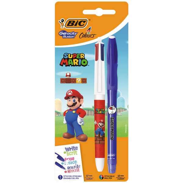 Stylo Bic 4 couleurs + 1 Roller Gelocity Edition Super Mario, différents coloris