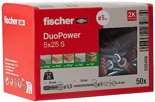 Boîte de 50 Cheville bi-matière et multi-matériaux Fischer Duopower - 5x25, avec vis