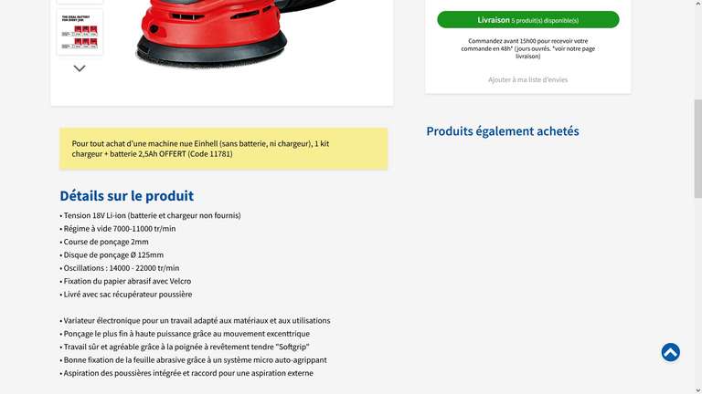 En click & collect et livraison : Kit batterie 2,5AH et chargeur offert pour tout achat d'un outil Einhell nu (valeur 29,99€)