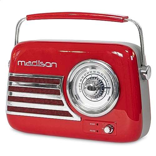 Radio Vintage Madison Freesound-Vr40R - Longue autonomie avec Bluetooth, USB et FM, 30W, sur Batterie - Rouge