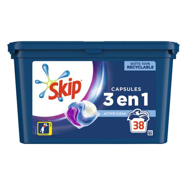 Paquet de lessive en capsules Skip Active Clean 3-en-1 - 38 Lavages, diverses variétés
