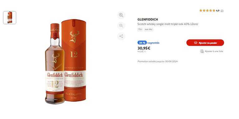 Sélection d'Alcools cagnottés à 34% - Ex : GLENFIDDISH Single Malt Triple Oak 12ans (via 10,53€ cagnottés) - Auchan Paris St Germain (75)