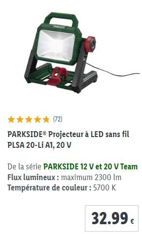 Projecteurs LED Lidl Parkside PLSA 20-Li A1 et PPBSTA 20-Li A1 –