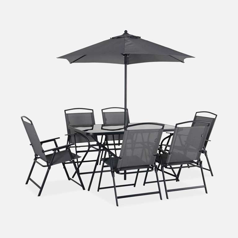 Ensemble de jardin Sonia: Table plateau verre trempé (140 x 80 x 70cm) + 6 chaises assises en textilène + Parasol (Ø 195 x H202cm)