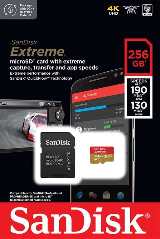 Carte Mémoire MicroSDXC SanDisk Extreme 256 Go + Adaptateur SD, A2, Classe 10, U3, V30