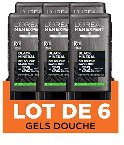 Lot de 6 Gels Douche l'Oréal Paris Men Expert Black Mineral - 6 x 300 ml